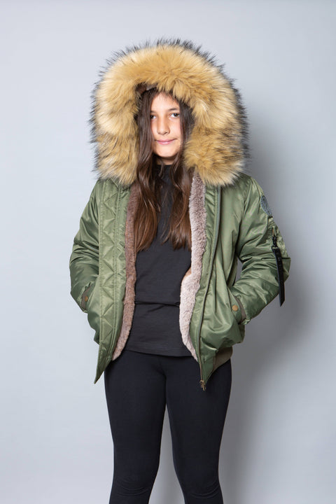 Kids Faux Fur Collar Bomber Jacket with Natural Faux Fur - Bobbi Parka