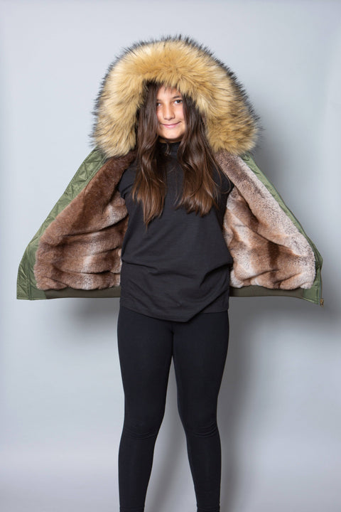 Kids Faux Fur Collar Bomber Jacket with Natural Faux Fur - Bobbi Parka