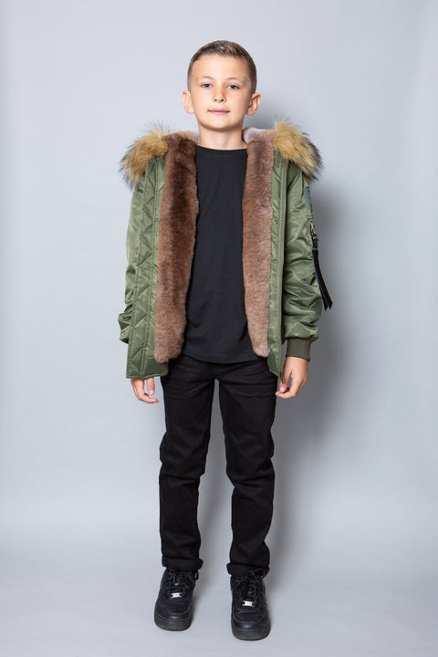 Kids Faux Fur Collar Bomber Jacket with Natural Faux Fur - Bobbi Parka