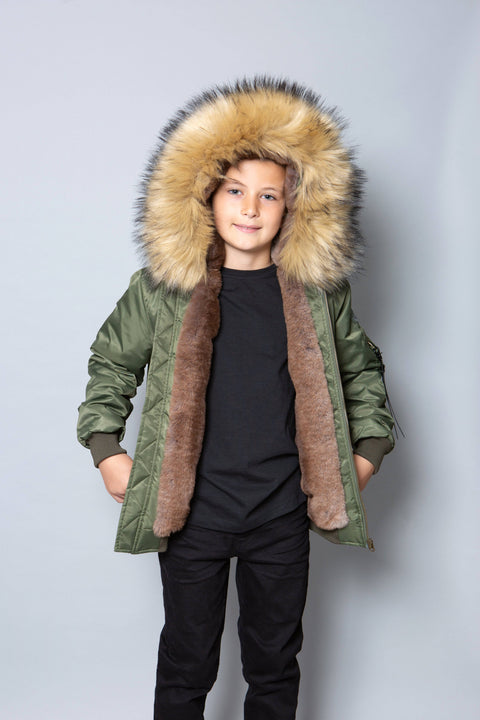Kids Faux Fur Collar Bomber Jacket with Natural Faux Fur - Bobbi Parka