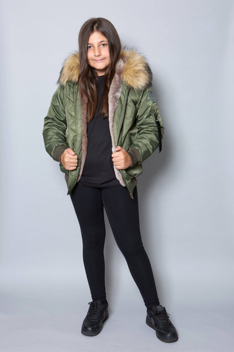 Kids Faux Fur Collar Bomber Jacket with Natural Faux Fur - Bobbi Parka