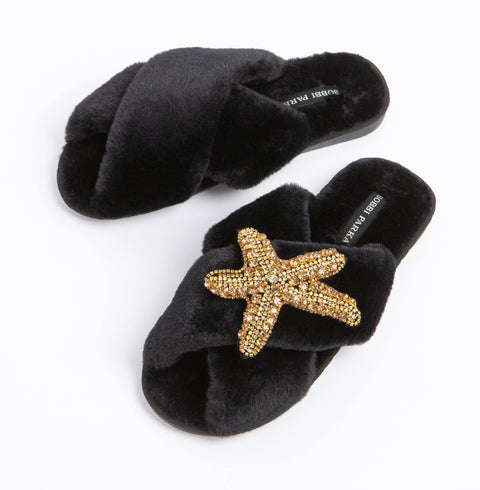 Bobbi Parka fluffy faux fur slippers with a crystal gold starfish brooch - Bobbi Parka