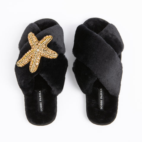 Bobbi Parka fluffy faux fur slippers with a crystal gold starfish brooch - Bobbi Parka