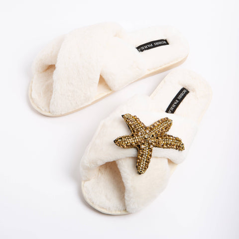Bobbi Parka fluffy faux fur slippers with a crystal gold starfish brooch - Bobbi Parka