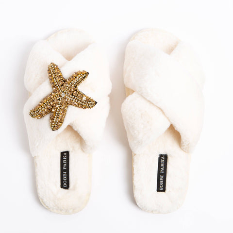 Bobbi Parka fluffy faux fur slippers with a crystal gold starfish brooch - Bobbi Parka