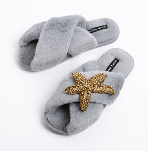 Bobbi Parka fluffy faux fur slippers with a crystal gold starfish brooch - Bobbi Parka