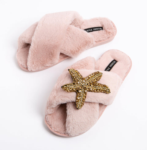 Bobbi Parka fluffy faux fur slippers with a crystal gold starfish brooch - Bobbi Parka