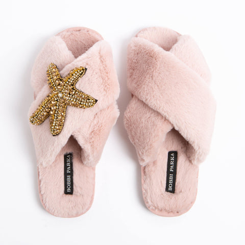 Bobbi Parka fluffy faux fur slippers with a crystal gold starfish brooch - Bobbi Parka