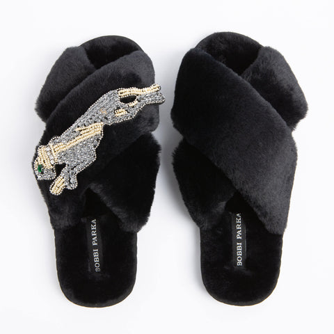 Bobbi Parka fluffy faux fur slippers with a panther brooch - Bobbi Parka