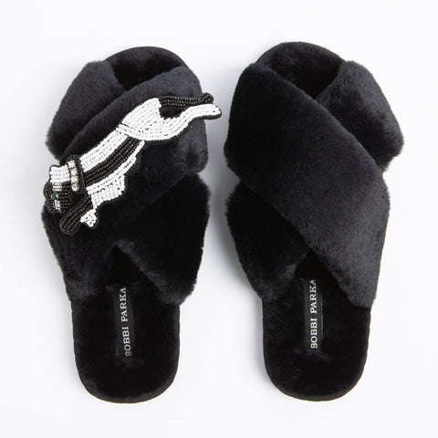 Bobbi Parka fluffy faux fur slippers with a panther brooch - Bobbi Parka