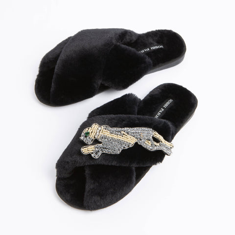Bobbi Parka fluffy faux fur slippers with a panther brooch - Bobbi Parka