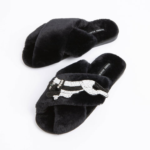 Bobbi Parka fluffy faux fur slippers with a panther brooch - Bobbi Parka