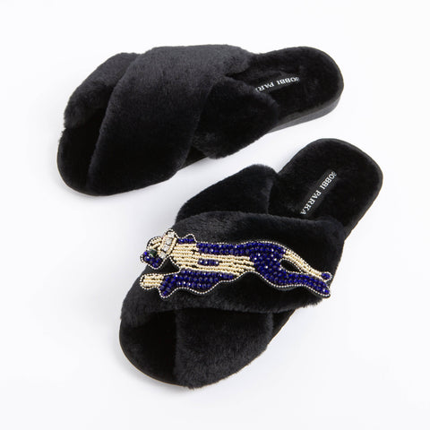 Bobbi Parka fluffy faux fur slippers with a panther brooch - Bobbi Parka