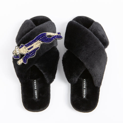 Bobbi Parka fluffy faux fur slippers with a panther brooch - Bobbi Parka