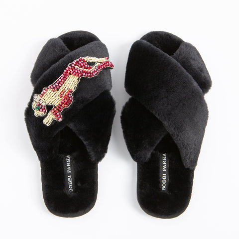 Bobbi Parka fluffy faux fur slippers with a panther brooch - Bobbi Parka