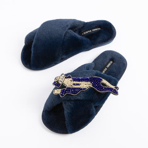 Bobbi Parka fluffy faux fur slippers with a panther brooch - Bobbi Parka