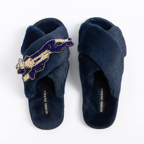 Bobbi Parka fluffy faux fur slippers with a panther brooch - Bobbi Parka