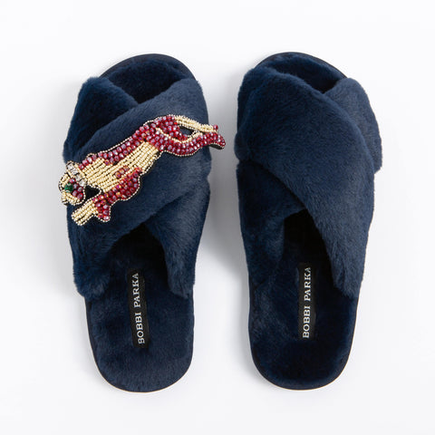 Bobbi Parka fluffy faux fur slippers with a panther brooch - Bobbi Parka