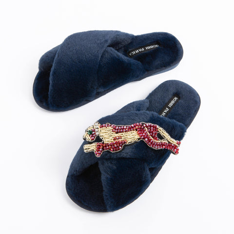 Bobbi Parka fluffy faux fur slippers with a panther brooch - Bobbi Parka