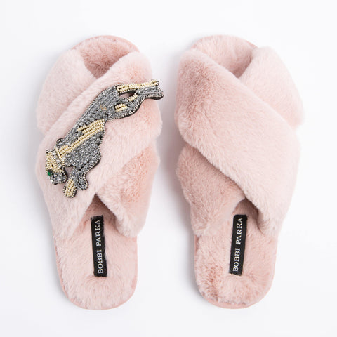 Bobbi Parka fluffy faux fur slippers with a panther brooch - Bobbi Parka