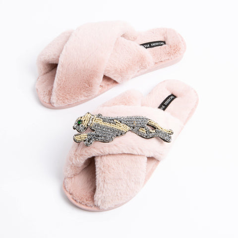 Bobbi Parka fluffy faux fur slippers with a panther brooch - Bobbi Parka