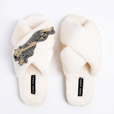 Bobbi Parka fluffy faux fur slippers with a panther brooch - Bobbi Parka