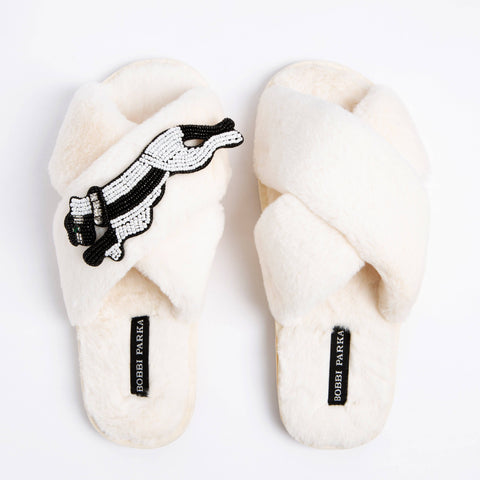 Bobbi Parka fluffy faux fur slippers with a panther brooch - Bobbi Parka