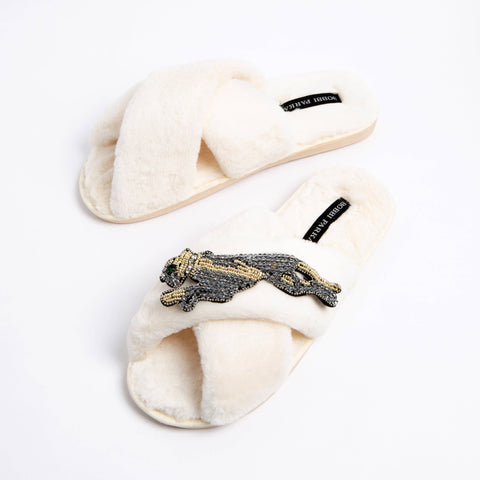Bobbi Parka fluffy faux fur slippers with a panther brooch - Bobbi Parka