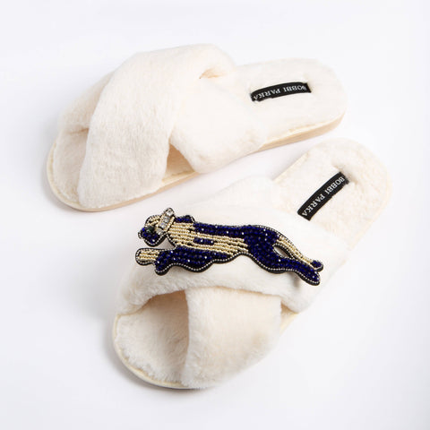 Bobbi Parka fluffy faux fur slippers with a panther brooch - Bobbi Parka