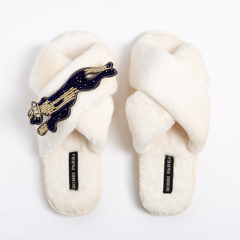 Bobbi Parka fluffy faux fur slippers with a panther brooch - Bobbi Parka