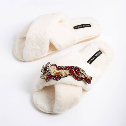Bobbi Parka fluffy faux fur slippers with a panther brooch - Bobbi Parka