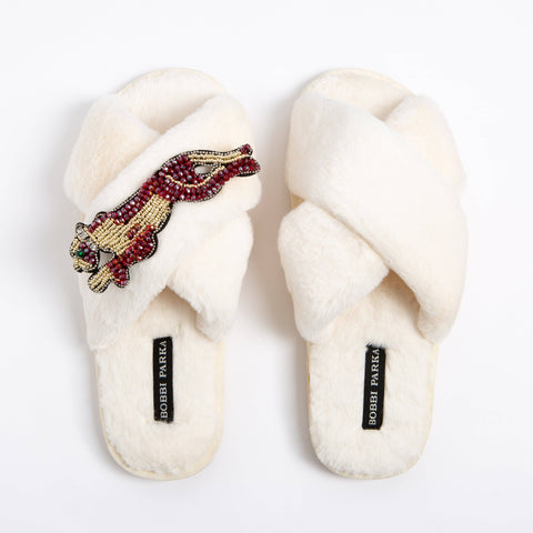 Bobbi Parka fluffy faux fur slippers with a panther brooch - Bobbi Parka