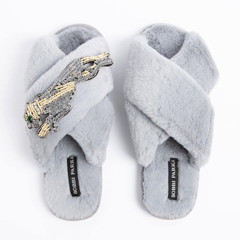 Bobbi Parka fluffy faux fur slippers with a panther brooch - Bobbi Parka