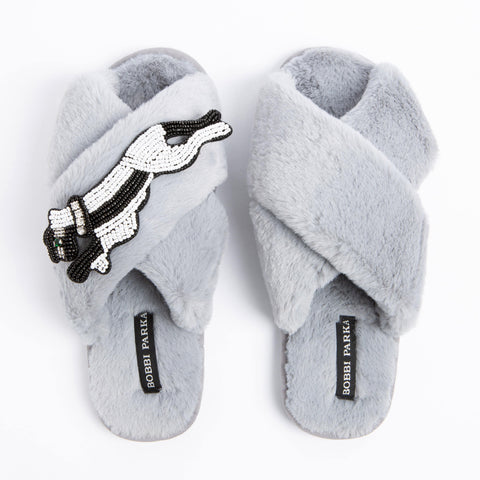 Bobbi Parka fluffy faux fur slippers with a panther brooch - Bobbi Parka
