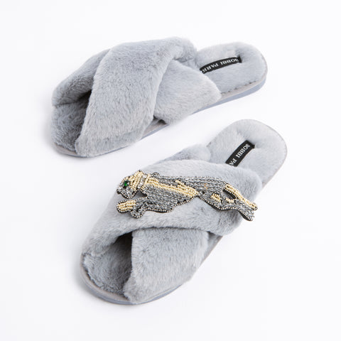 Bobbi Parka fluffy faux fur slippers with a panther brooch - Bobbi Parka
