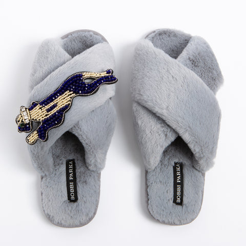 Bobbi Parka fluffy faux fur slippers with a panther brooch - Bobbi Parka