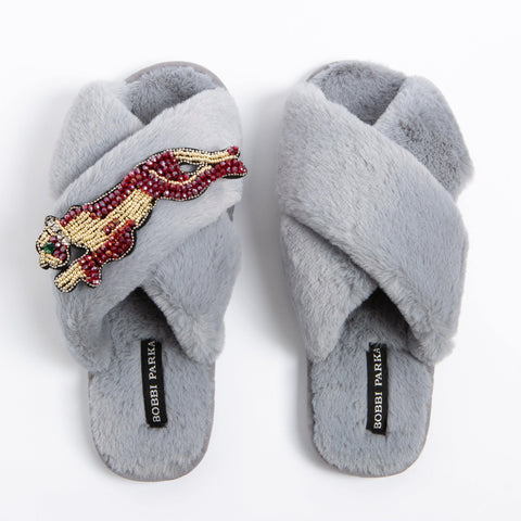 Bobbi Parka fluffy faux fur slippers with a panther brooch - Bobbi Parka