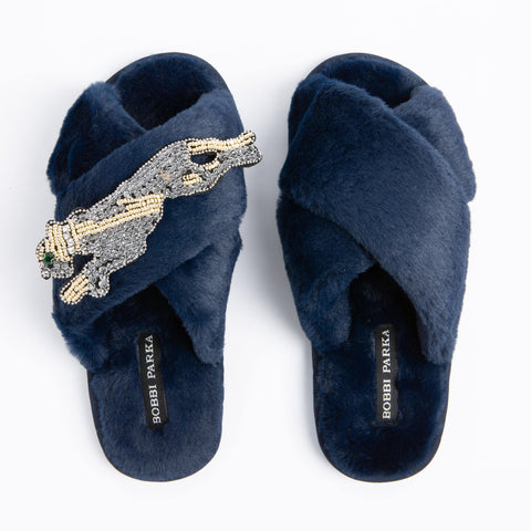Bobbi Parka fluffy faux fur slippers with a panther brooch - Bobbi Parka