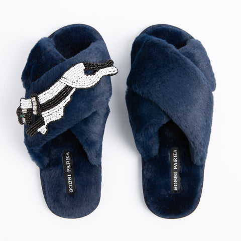 Bobbi Parka fluffy faux fur slippers with a panther brooch - Bobbi Parka