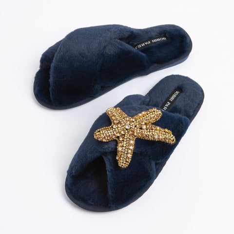 Bobbi Parka fluffy faux fur slippers with a crystal gold starfish brooch - Bobbi Parka