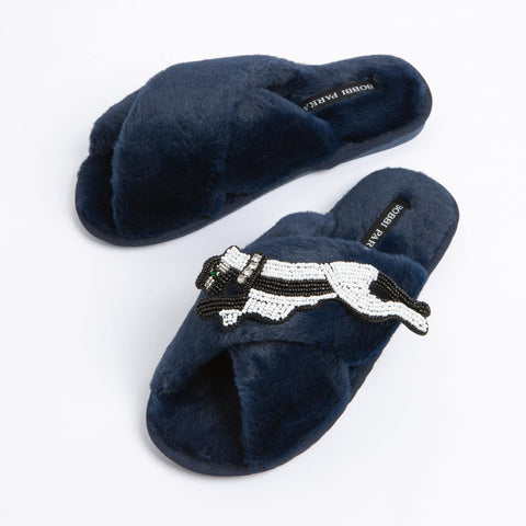 Bobbi Parka fluffy faux fur slippers with a panther brooch - Bobbi Parka