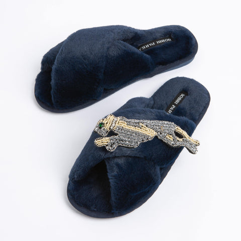 Bobbi Parka fluffy faux fur slippers with a panther brooch - Bobbi Parka