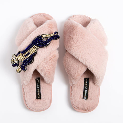 Bobbi Parka fluffy faux fur slippers with a panther brooch - Bobbi Parka