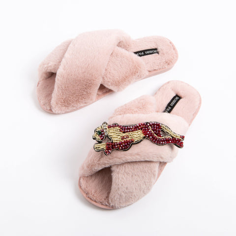 Bobbi Parka fluffy faux fur slippers with a panther brooch - Bobbi Parka