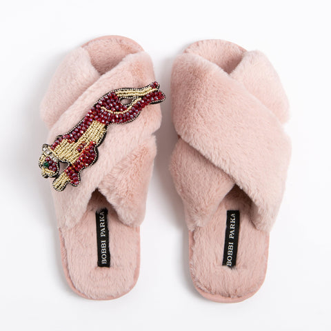 Bobbi Parka fluffy faux fur slippers with a panther brooch - Bobbi Parka