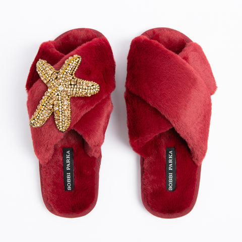 Bobbi Parka fluffy faux fur slippers with a crystal gold starfish brooch - Bobbi Parka