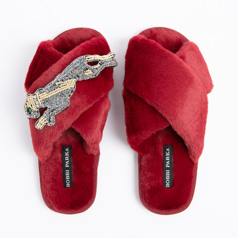 Bobbi Parka fluffy faux fur slippers with a panther brooch - Bobbi Parka