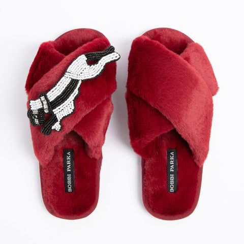 Bobbi Parka fluffy faux fur slippers with a panther brooch - Bobbi Parka