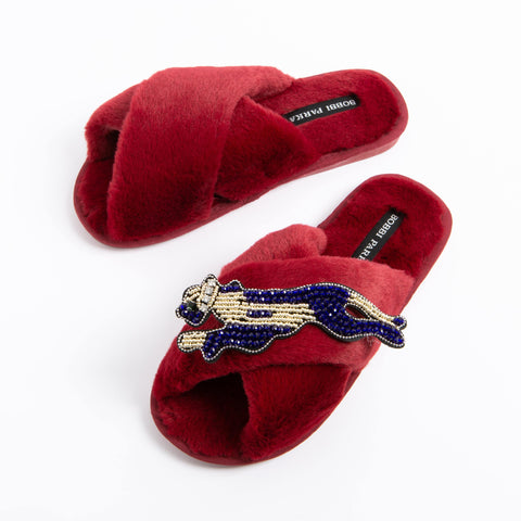 Bobbi Parka fluffy faux fur slippers with a panther brooch - Bobbi Parka