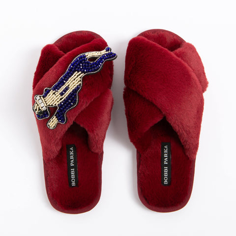 Bobbi Parka fluffy faux fur slippers with a panther brooch - Bobbi Parka
